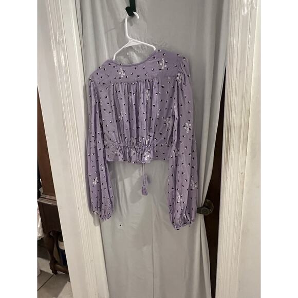 Free People La Rose Embroidered Cropped Blouse Top Cutout Ruffle Lilac Sz S Boho - Picture 8 of 8